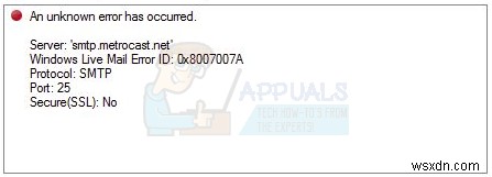 FIX:이메일을 보낼 때 Windows Live 메일 오류 0x8007007A 