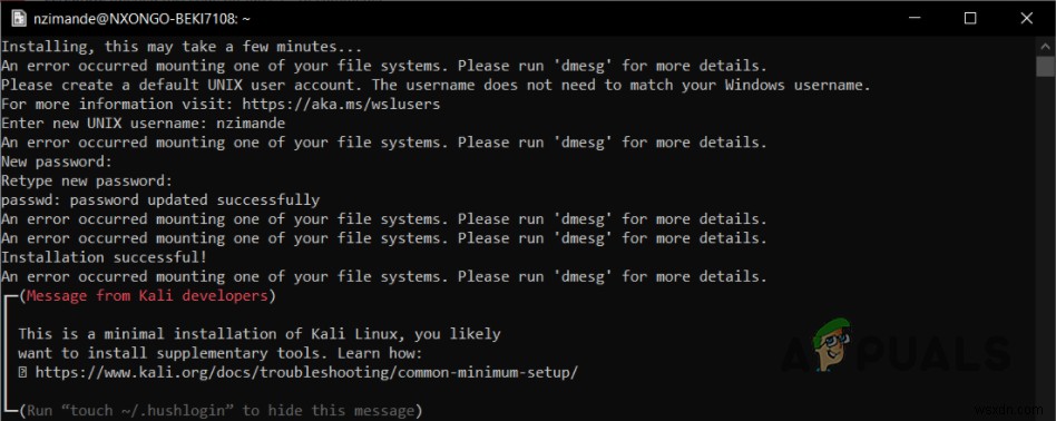수정:WSL에서  파일 시스템 중 하나를 마운트하는 동안 오류가 발생했습니다  