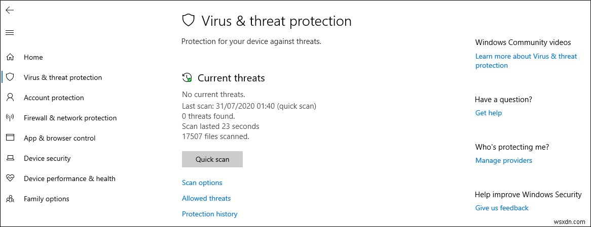 Windows 10에서 바이러스 및 위협 방지 영역을 숨기는 방법은 무엇입니까? 