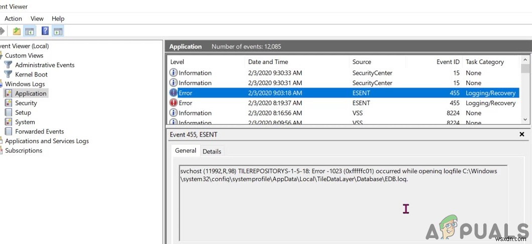 수정:Windows 10 1903의 이벤트 ID 455 ESENT 오류 