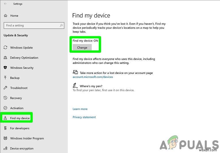 Windows 10에서  내 장치 찾기 를 활성화 또는 비활성화하는 방법은 무엇입니까? 