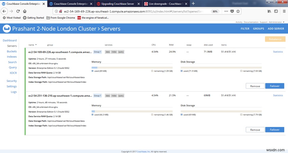 우아한 장애 조치 옵션을 사용하여 Couchbase Server의 롤링 업그레이드 