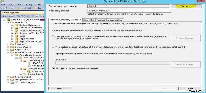 기존 AlwaysOn 데이터베이스에 대한 Microsoft SQL Server 로그 전달 