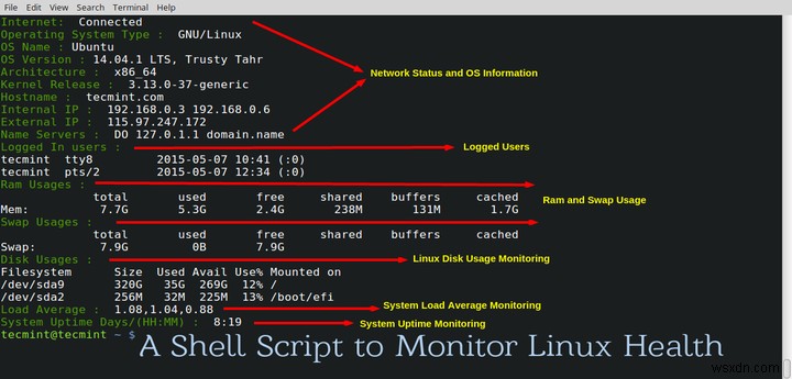 Linux에서 네트워크, 디스크 사용량, 가동 시간, 로드 평균 및 RAM 사용량을 모니터링하는 셸 스크립트 