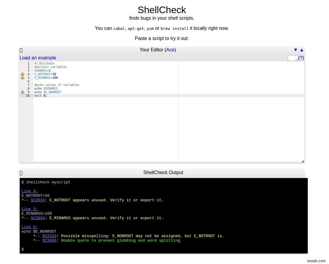 ShellCheck – 셸 스크립트에 대한 경고 및 제안을 표시하는 도구 