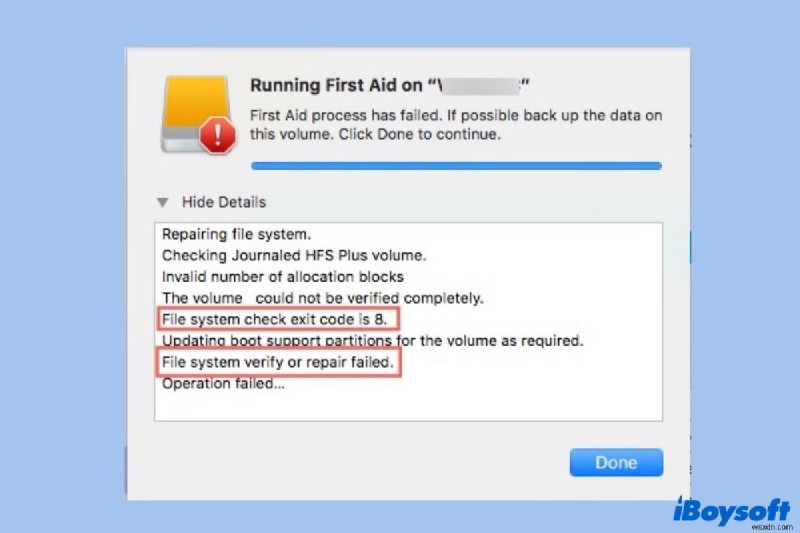 Mac에서 파일 시스템 검사 종료 코드가 8임을 수정하는 방법은 무엇입니까? 