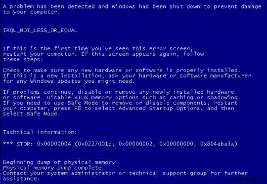 Windows XP  Stop 0x0000000A  오류 수정 방법