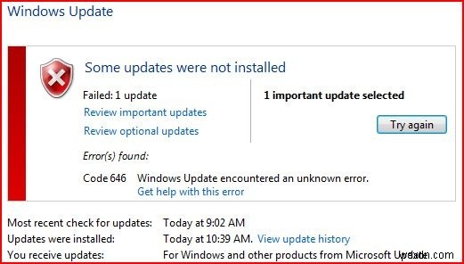 646 Windows Vista 업데이트 오류를 ​​수정하는 방법