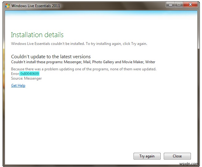 0X80040609 오류 복구 단계 – Windows Live Essentials