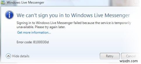 8100030d Windows Live Messenger 오류 – 수정