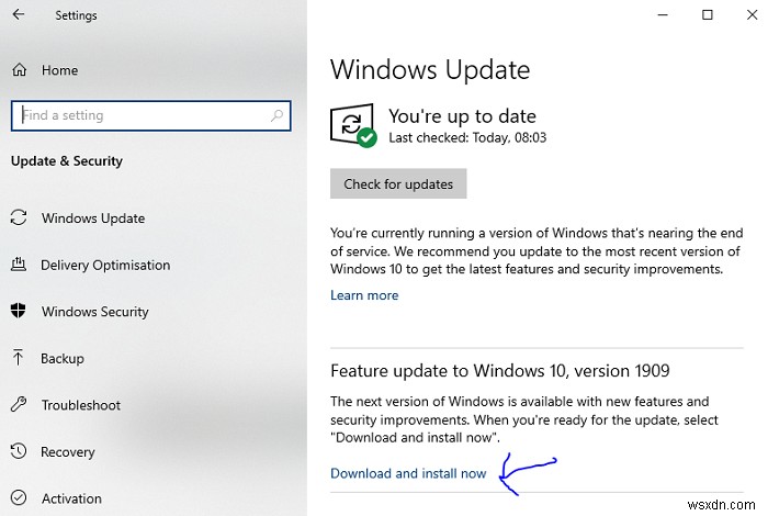 Windows 10 버전 1903으로 기능 업데이트 시 오류 0x80080008