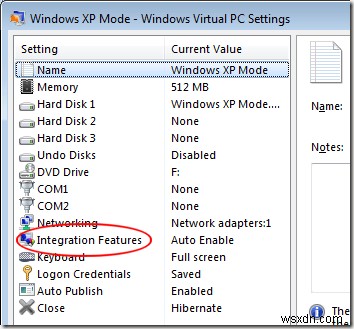 XP 모드 가상 시스템에 대한 통합 기능 활성화 