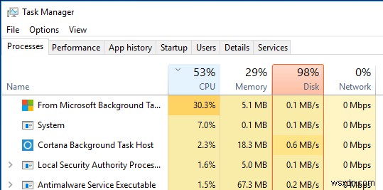 Windows 10에서 100% 디스크 사용량 문제 해결