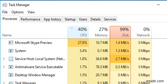 Windows 10에서 100% 디스크 사용량 문제 해결