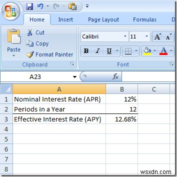 Excel을 사용하여 명목 이자율에서 유효 이자율 계산