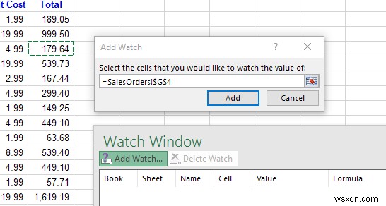 Excel 조사식 창을 사용하여 통합 문서의 중요한 셀 모니터링