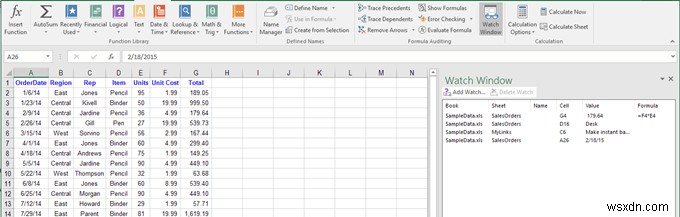 Excel 조사식 창을 사용하여 통합 문서의 중요한 셀 모니터링