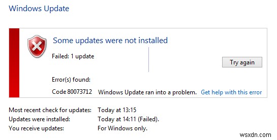 Windows 업데이트 오류 코드 0x80073712 수정 