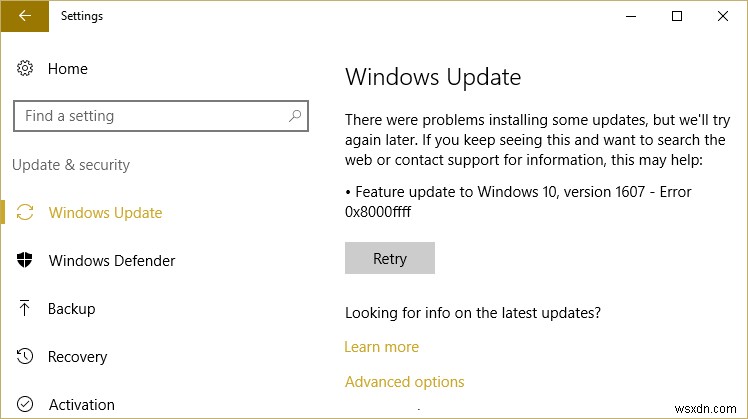 Windows 10 업데이트 오류 0x8000ffff 수정 