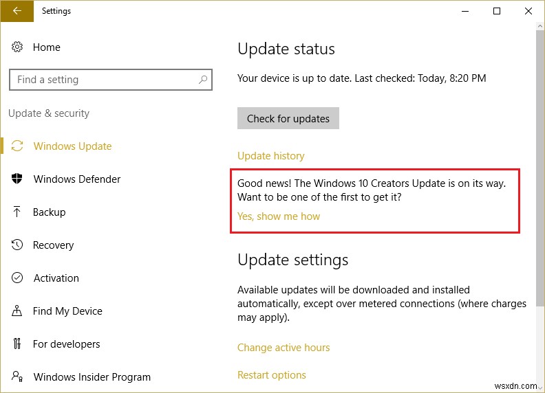 Windows 업데이트에서 Windows Creators Update 알림 비활성화