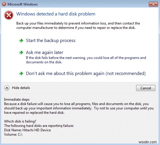 [해결됨] Windows에서 하드 디스크 문제를 감지했습니다. 