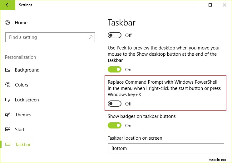 Windows 10 시작 메뉴에서 Powershell을 명령 프롬프트로 교체