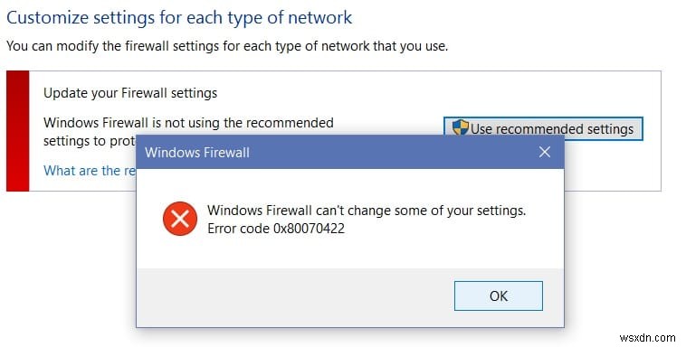 Windows 방화벽 오류 코드 0x80070422를 켤 수 없음 수정 