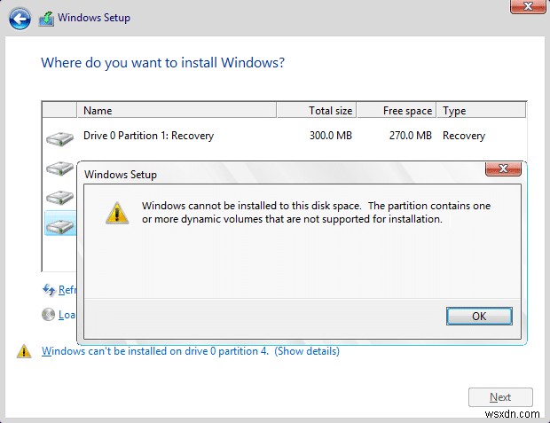 해결:Windows를 드라이브 0에 설치할 수 없음 