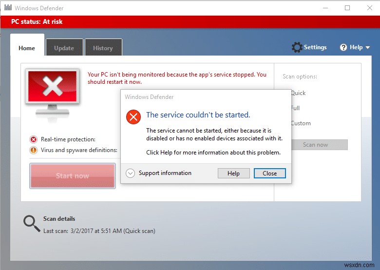 서비스를 시작할 수 없음 Windows Defender 오류 0x80070422 수정 