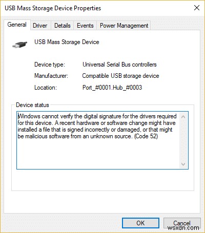 USB 오류 코드 52 수정 Windows에서 디지털 서명을 확인할 수 없음 