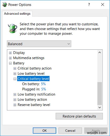 Windows 10에서 중요한 배터리 수준 변경 