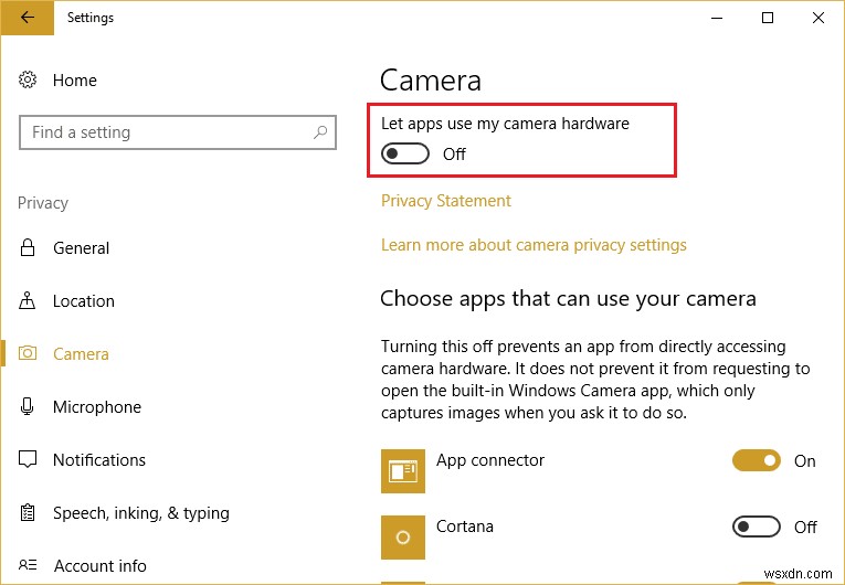 Windows 10에서 앱의 카메라 액세스 허용 또는 거부