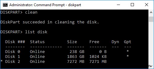 Windows 10에서 Diskpart Clean 명령을 사용하여 디스크 정리 