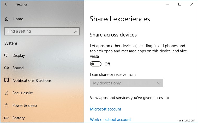 Windows 10에서 공유 경험 기능 활성화 또는 비활성화 