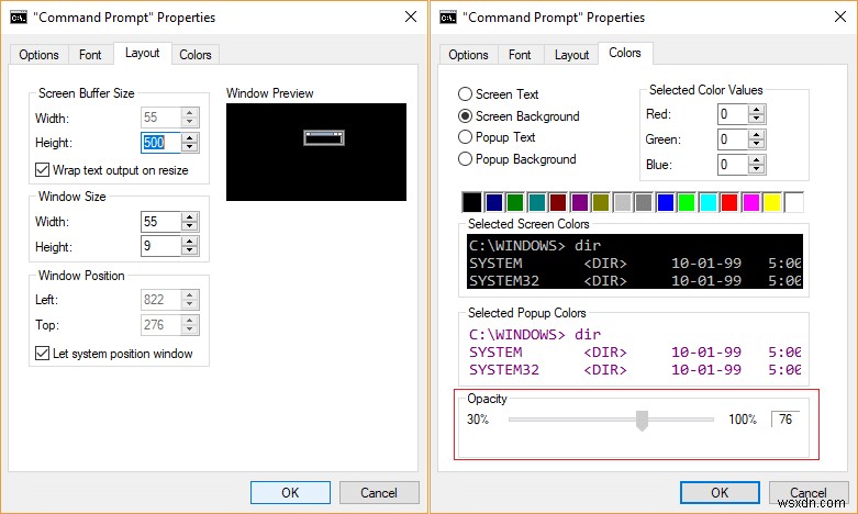 명령 프롬프트 화면 버퍼 크기 및 투명도 수준 변경 