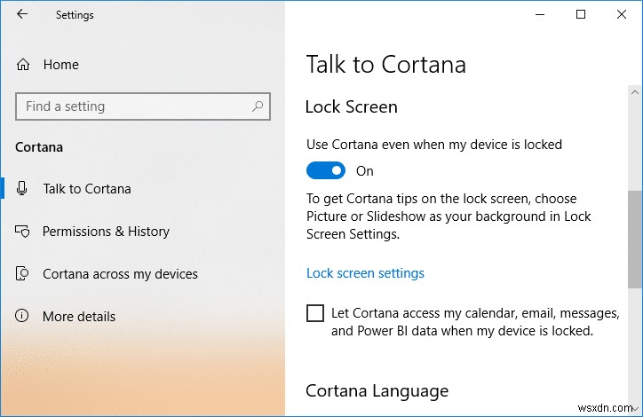 Windows 10 잠금 화면에서 Cortana 활성화 또는 비활성화