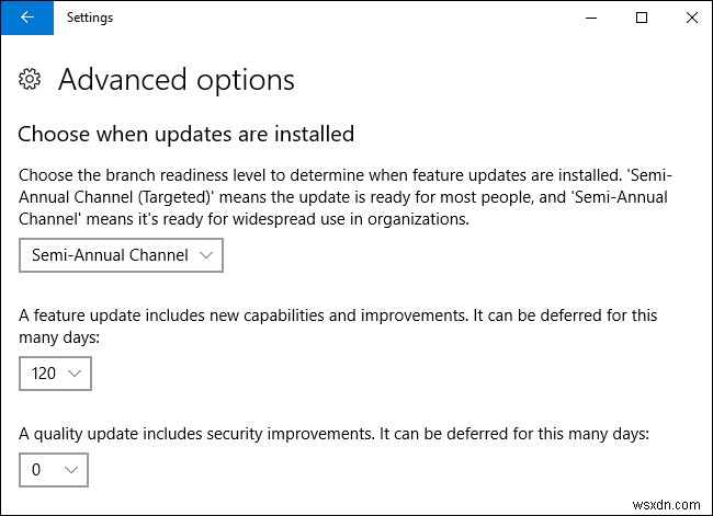 Windows 10에서 기능 및 품질 업데이트 연기 
