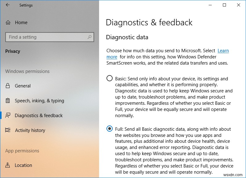 Windows 10에서 진단 및 사용 데이터 설정 변경 