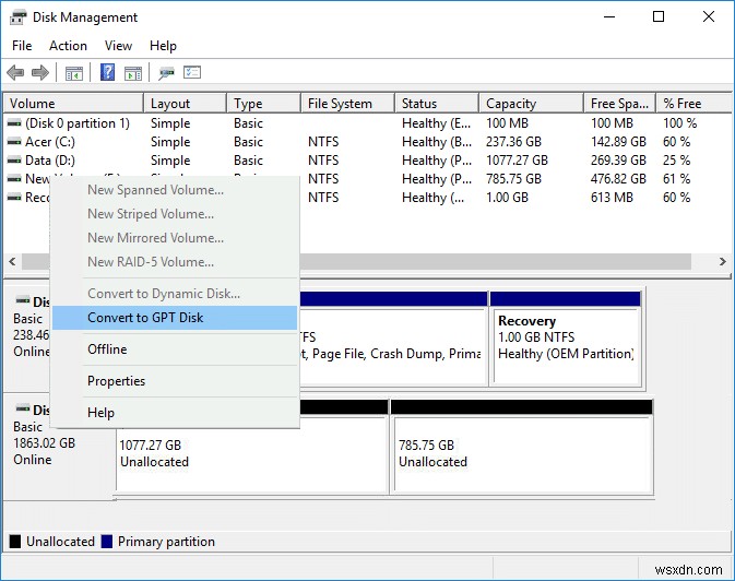 Windows 10에서 GPT 디스크를 MBR 디스크로 변환하는 방법