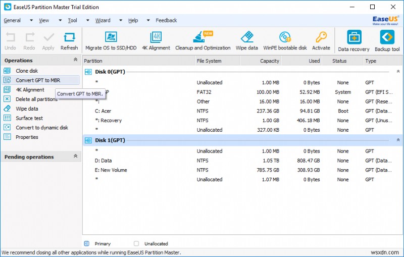 Windows 10에서 GPT 디스크를 MBR 디스크로 변환하는 방법