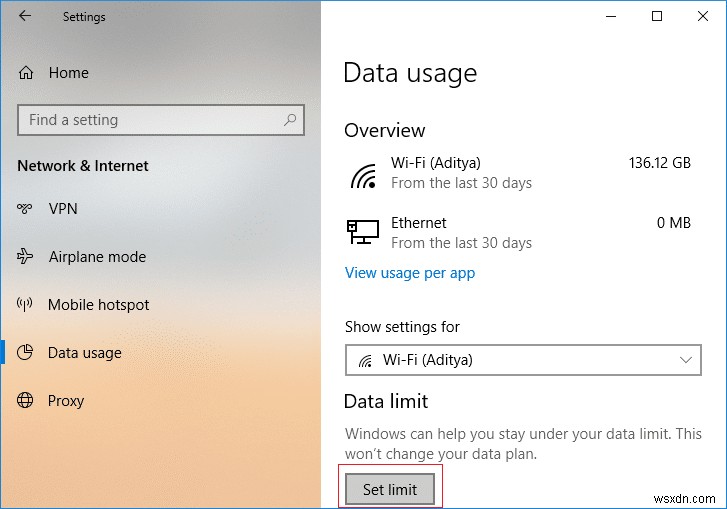 Windows 10에서 WiFi 및 이더넷에 대한 데이터 제한을 설정하는 방법 