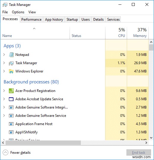 Windows 10의 작업 관리자에서 100% 디스크 사용량 수정 