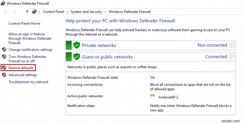 Windows Defender 방화벽을 활성화할 수 없는 문제 수정