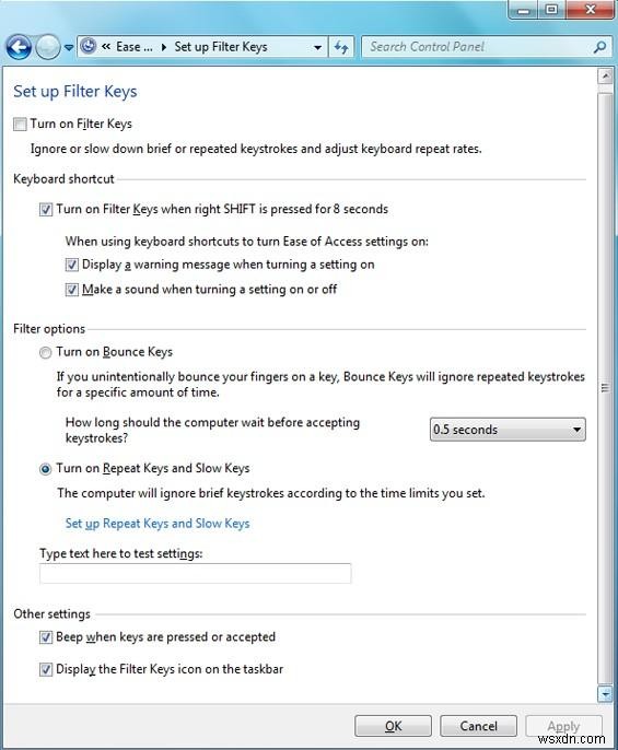 Windows 8 및 7에서 필터 키를 켜고 끄는 방법