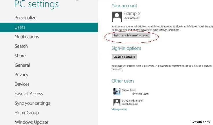 Windows 8에서 Microsoft 계정과 로컬 계정 간 전환