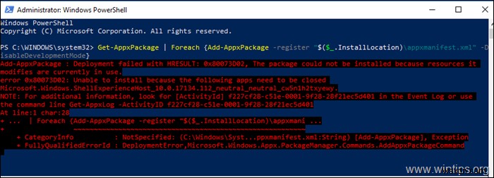 FIX:HRESULT 0x80073D02(해결됨)와 함께 Windows Shell Experience 호스트 배포 실패