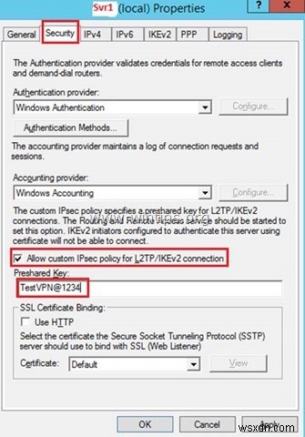 인증을 위해 사용자 정의 사전 공유 키로 L2TP VPN Server 2016을 설정하는 방법.