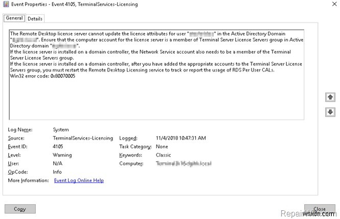 FIX 이벤트 ID 4105:원격 데스크톱 라이선스 서버가 Active Directory 도메인의 사용자에 대한 라이선스 속성을 업데이트할 수 없습니다. 
