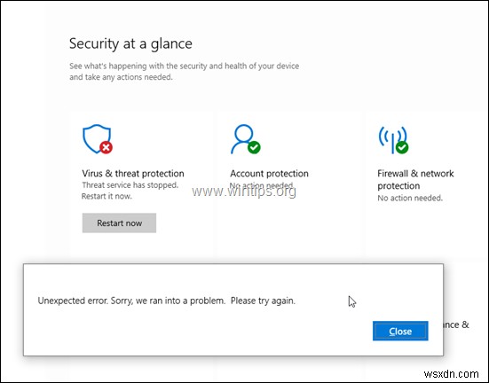 FIX:Windows Defender 위협 서비스가 중지되었습니다. 지금 다시 시작하십시오(해결됨)