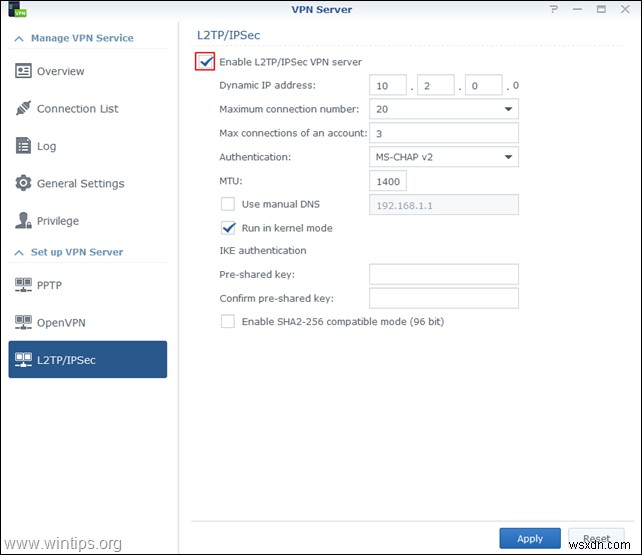 Synology NAS를 VPN 서버(L2TP)로 설정하는 방법 및 클라이언트에서 액세스하는 방법.